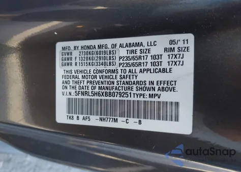 2011 Honda Odyssey Ex-L from USA, damaged, VIN 5FNRL5H6XBB079251